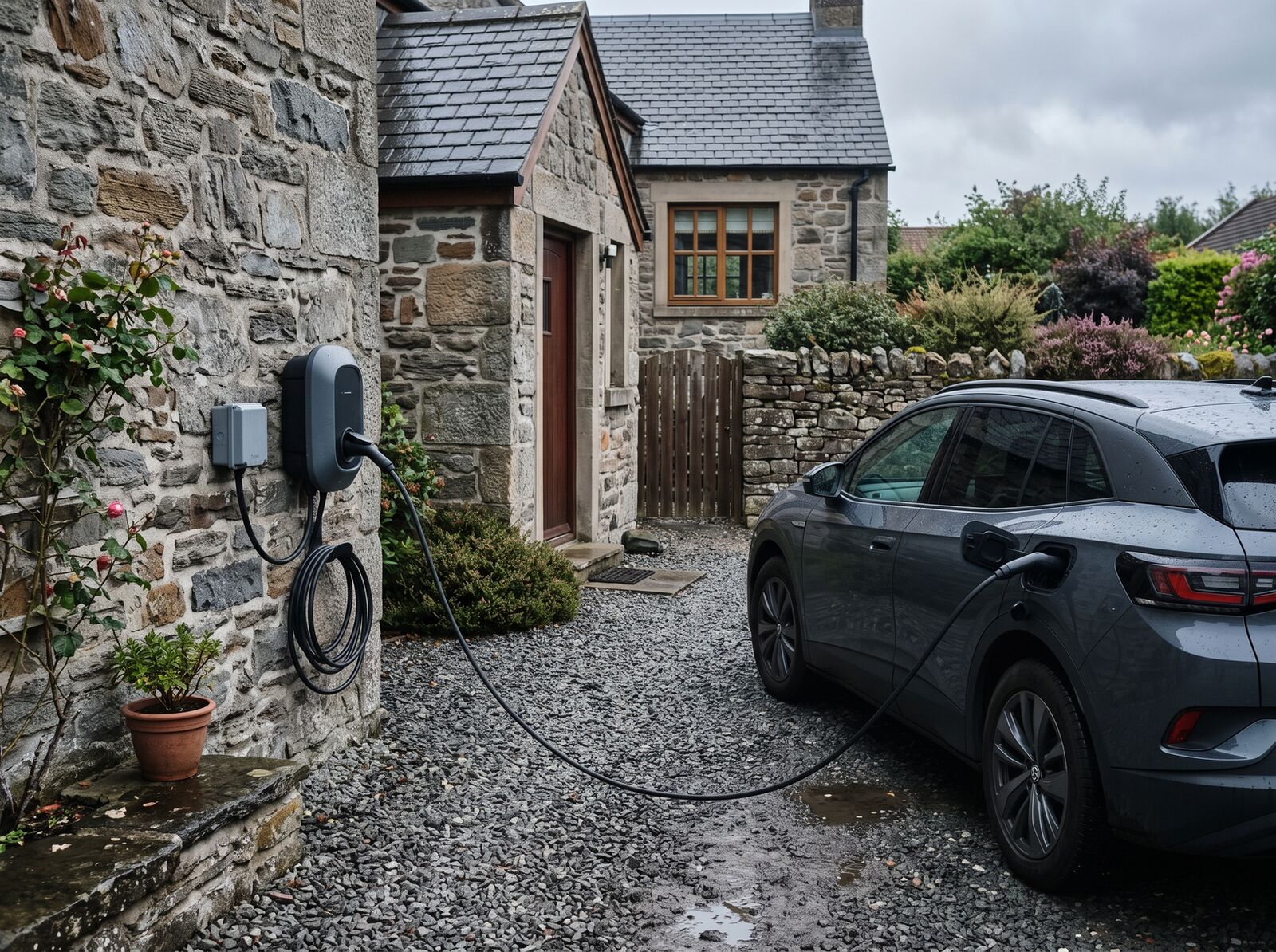 Home EV charging point on a stone house wall charging an electric car