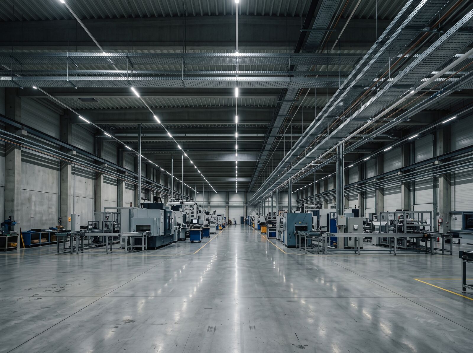 Factory hall with LED high-bay lighting and cable trays