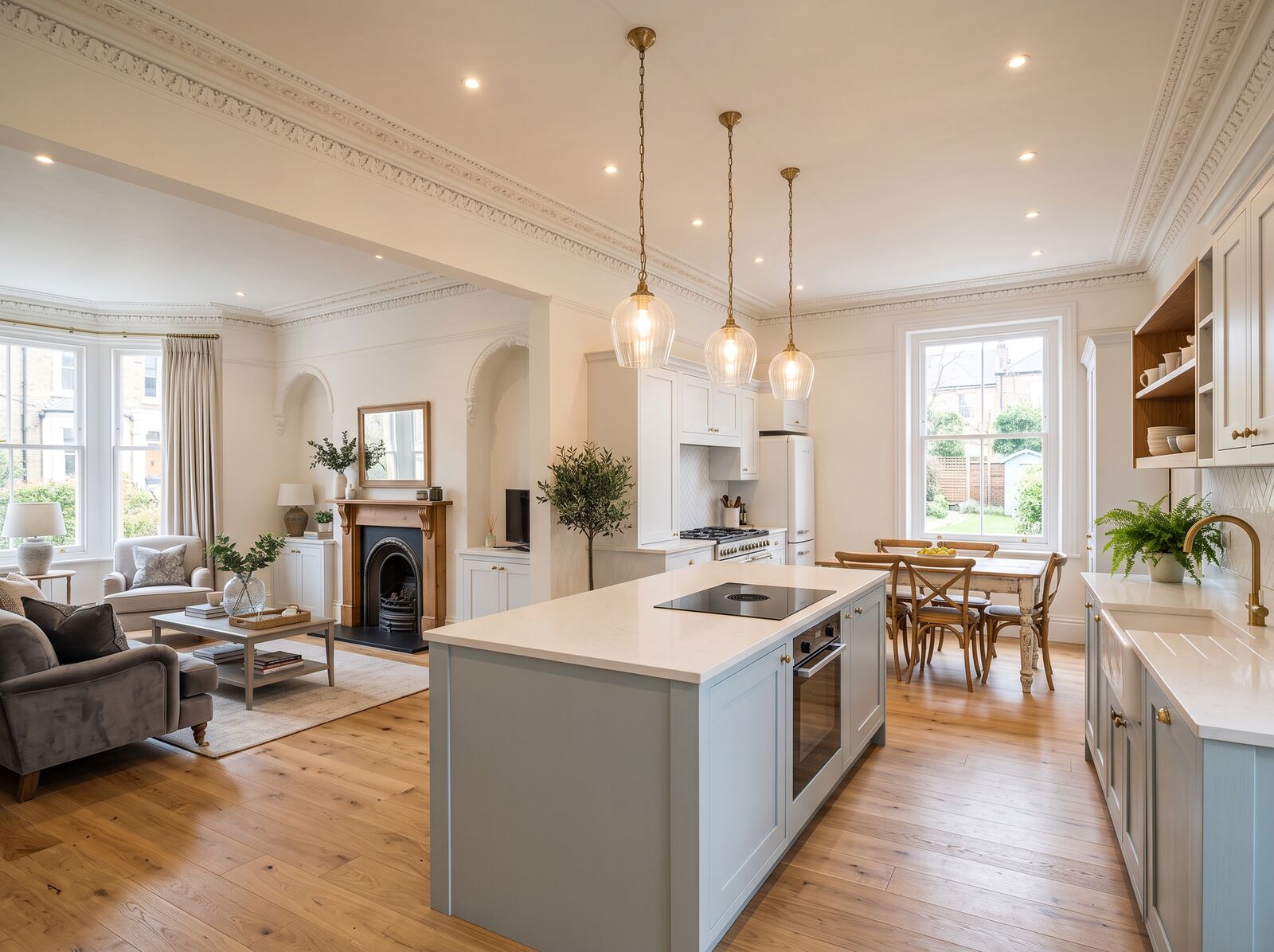 Renovated Victorian kitchen and living room with new LED downlights and pendants