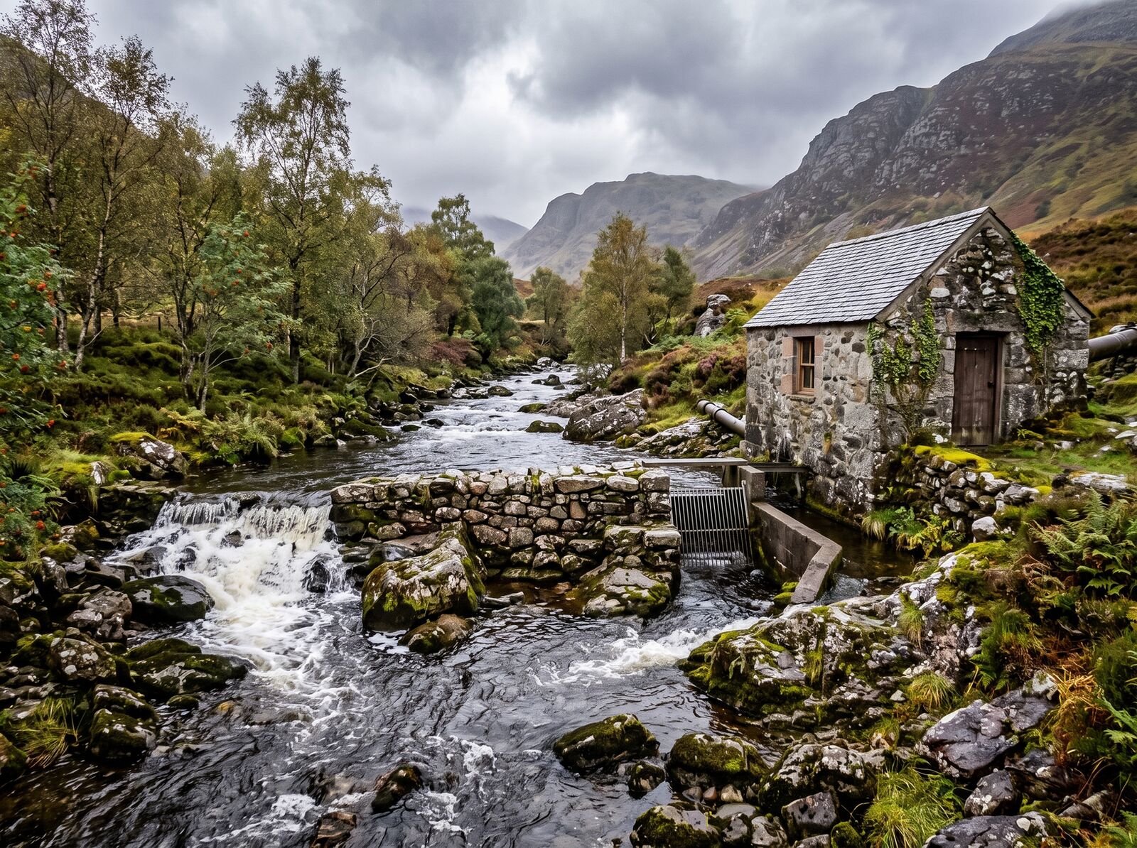 Weir and stone turbine house on a Highland river