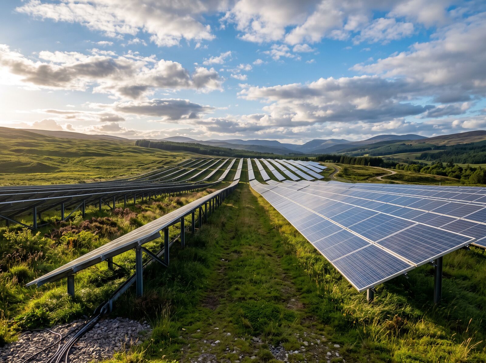Ground-mounted solar PV array in a Scottish field
