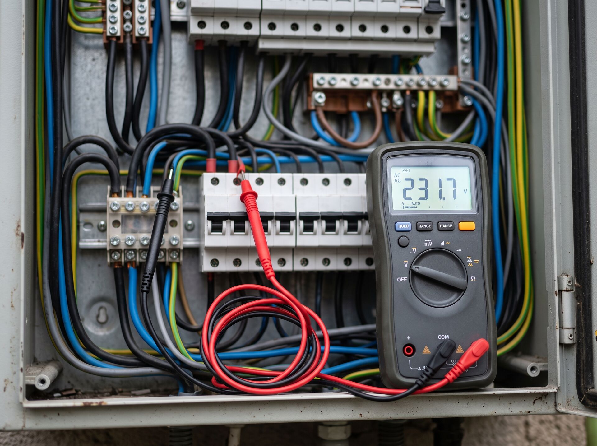 Electrical test instrument connected to a distribution board